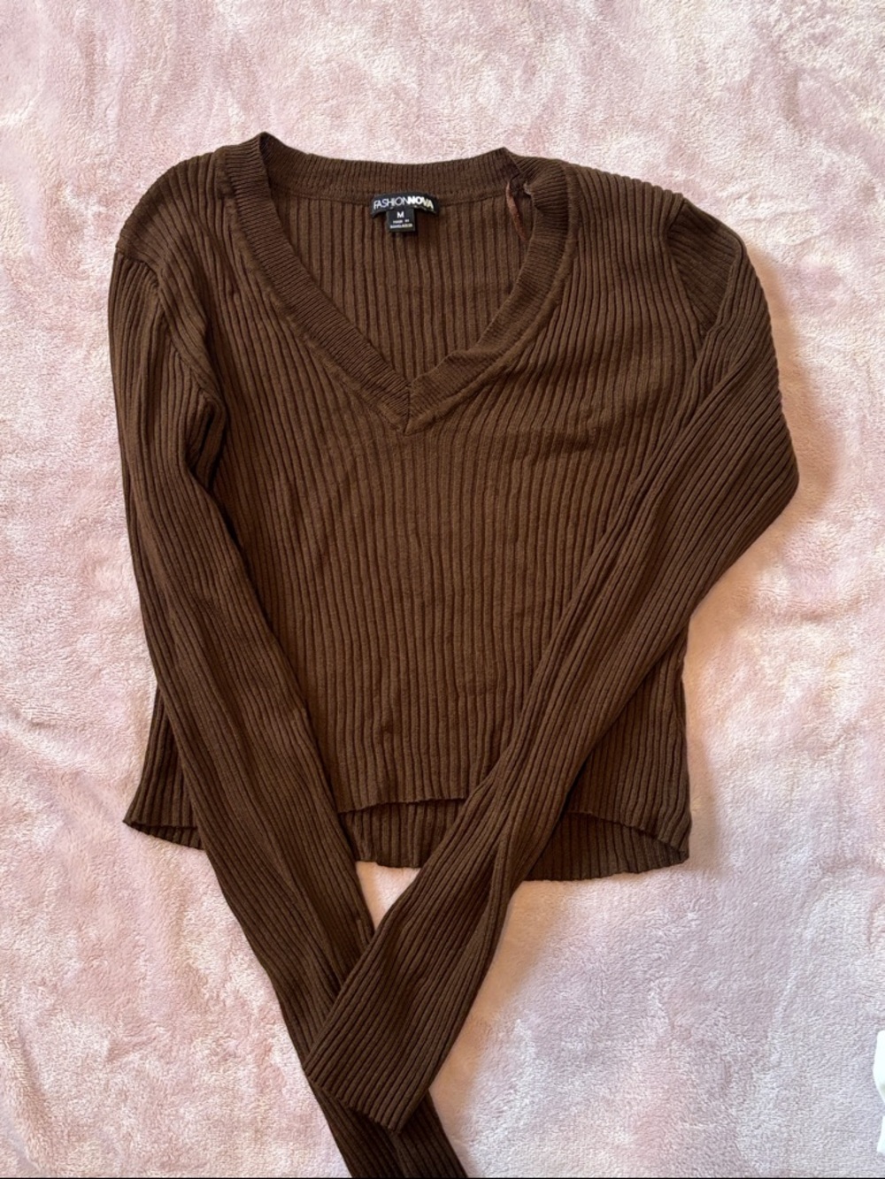 Fashion Nova Brown Ribbed V-Neck Long Sleeve Top Cropped